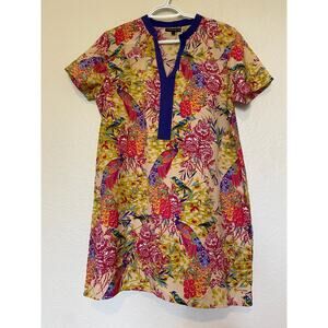 ALBERTO MAKALI MULTICOLOR SATIN FLORAL PEACOCK SHIFT TROPICAL PULL UP DRESS L